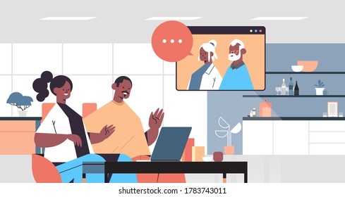 young couple having virtual meeting with grandparents during video call family chat online communication concept kitchen interior portrait horizontal vector illustration