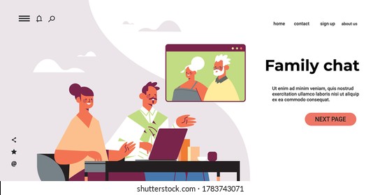 Jungpaar, die virtuelle Treffen mit Großeltern während des Video-Anruf Familie Chat Online-Kommunikationskonzept Portrait horizontalen Kopienraum Vektorgrafik