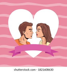 young couple in heart pop art style characters vector illustration design