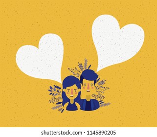 young couple with hearts characters