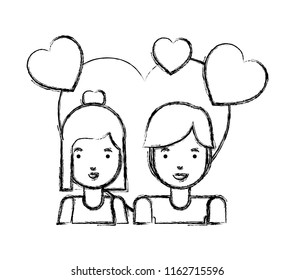 young couple with hearts love characters