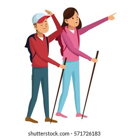 young couple hiking with backpack walking sticks
