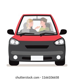 Young couple in his car, happy to drive on a  road
.Vector illustration cartoon character.