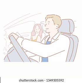 Young couple in his car  happy to drive  road  Hand drawn style vector design illustrations 