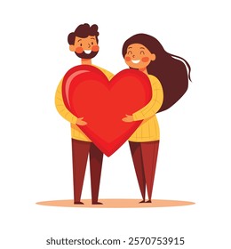 A young couple hold a big heart together with love and care. Happy woman and man. Concept of the Valentine day and family day