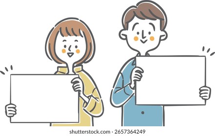 Pareja joven que sostiene una tabla, parte superior del cuerpo, Vector