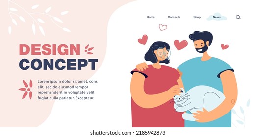 Young couple holding cat flat vector illustration. Cute man and woman getting pet, hugging, stroking sleeping kitten, enjoying life. Love, family concept for banner, website design or landing web