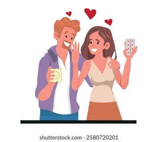 young couple holding condom and birth control. Sexual protection, vector illustration.