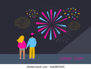 Una pareja joven mirando hacia atrás con la mirada puesta en los fuegos artificiales. Postal simple y llana. Dibujo gráfico vectorial de personajes hombres y mujeres estilo caricatura. Escena gráfica de la ciudad al aire libre.