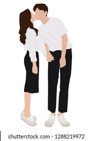 Young couple holding hands each other affectionately. The girl peak on his cheek in standing pose. Sweet couple vector style in white background.