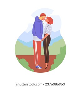 Young couple holding hands, the girl stood on tiptoes to kiss. Romantic lovers spend time together on a walk outside. Love relationship. Vector cartoon isolated illustration happy valentines day
