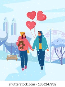 Young Couple Holding Hands With Heart-shaped Balloons Walking In Winter Park. Teenage Couple On A Date On Saint Valentine's Day. Vector Illustration.