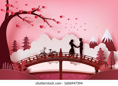 Young couple holding hands in park with beautiful background, paper art style.