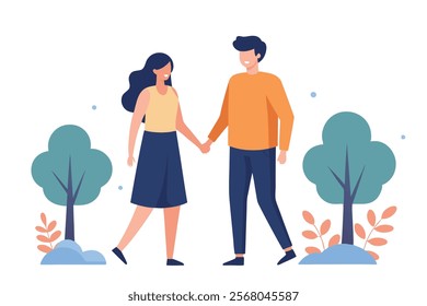 Young Couple Holding Hands Strolling in Park - Romantic Outdoor Stock Photo