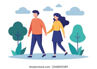 Young Couple Holding Hands Strolling in Park - Romantic Outdoor Stock Photo