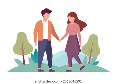 Young Couple Holding Hands Strolling in Park - Romantic Outdoor Stock Photo