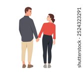 Young Couple Holding Hands as they Walk Away. Flat vector illustration isolated on white background