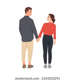 Young Couple Holding Hands as they Walk Away. Flat vector illustration isolated on white background