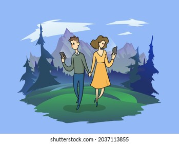 Joven pareja cogida de la mano y usando sus teléfonos mientras caminan juntos en la naturaleza. La gente es adicta a las redes y pasa tiempo en internet. Ilustración conceptual, aislada en azul.