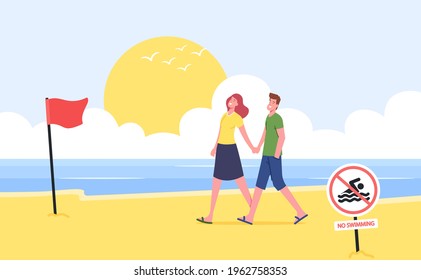 Pareja joven con las manos caminando por la playa de Sandy con la bandera de advertencia roja y la bandera de prohibición de natación, los personajes se relajan en la costa del océano en temporada alta. Ilustración de vectores de personas de caricatura