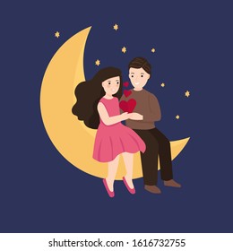 young couple holding heart shape on the moon. valentine, love concept. card, poster, banner element