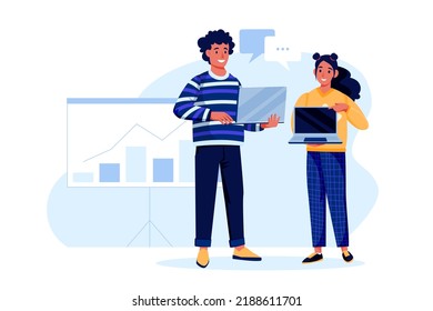 Young couple holding laptops and showing result of data analysis or advertisement presentation. Vector flat cartoon man and woman characters illustration. Business meeting and communication concept