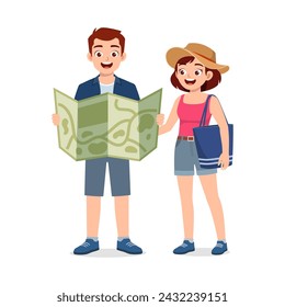 young couple holding map looking for travel place