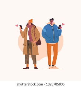 
Young Couple holding Smartphones and Chatting Together. Woman and Man Writing each other Love Messages in Social Media. Online Dating and Valentines Day Concept. Flat Cartoon Vector Illustration.
