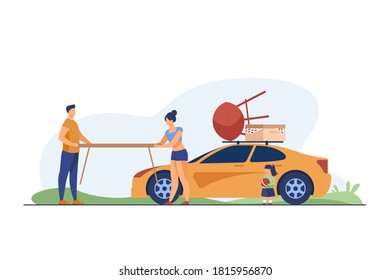 Young couple holding table for picnic on nature. Car, vacation, summer flat vector illustration. Family and weekend concept for banner, website design or landing web page