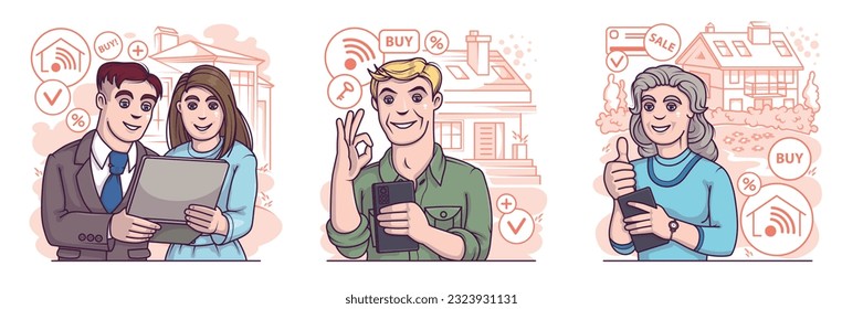 Young couple holding tablet and looking at house online. Buying apartment, renting house concept. Profitable shopping day concept. Flat vector illustration in cartoon style