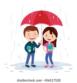 Young couple holding umbrella. Vector illustration of a young man and woman holding an umbrella in the rain.