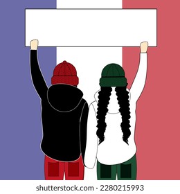 A young couple holds a sign with copy space against flag of france. Protest over raising the retirement age.