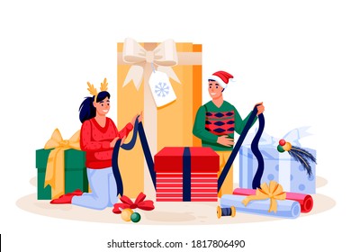 Young couple in holiday costumes packing Christmas gifts. Happy family preparing to New Year celebration. Vector flat cartoon characters illustration.