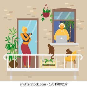 Young couple at home. Blond smiling woman doing exercices with dumbbells on balcony with cats and plants.Man in headphones in window works from home at laptop. Home activities. Flat vector.