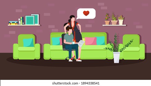 A young couple are at home. The husband is reading the newspaper, the wife is telling him about love. Family idyll. Vector illustration .Flat.