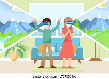 Young couple in home lockdown with face masks using VR technology for holiday vacation tours - Two people wear virtual reality tech for online travel research - lifestyle Metaverse vector concept.