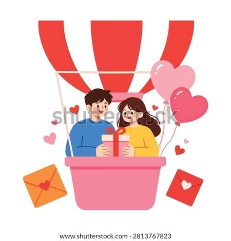 Young couple in hot air balloon celebrating valentine day vector illustration with valentine
