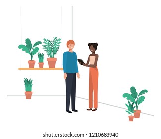 young couple with house plant avatar character