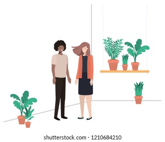 young couple with house plant avatar character
