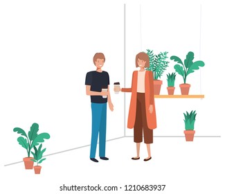 young couple with house plant and container plastic coffee