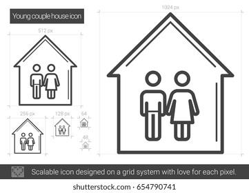 Icono de línea vectorial de casa de pareja joven aislado en fondo blanco. Icono de línea de casa de pareja joven para infografía, sitio web o aplicación. Icono escalable diseñado en un sistema de cuadrícula.