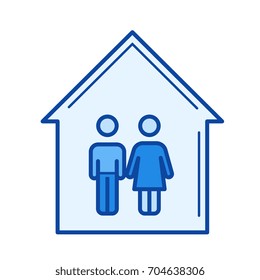 Icono de línea vectorial de casa de pareja joven aislado en fondo blanco. Icono de línea de casa de pareja joven para infografía, sitio web o aplicación. Icono azul diseñado en un sistema de cuadrícula.