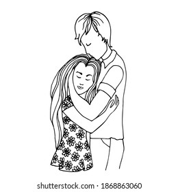 Young Couple hug. A girl and a boy embracing with their hands. Linear  silhouette human figures. First Love, wedding, Hug day, Valentines day, family, friendship, teen feeling. Hand drawn vector.