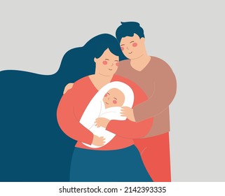 Young Couple Hug Their Baby With Love. Husband And Wife Embrace Their New Born Child With Care. Poster Of Happy Father's And Mother's Day. Positive Parenting, Baby Care Family Relationship Concept.