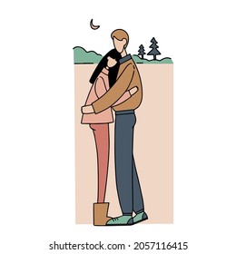 Young couple hugging against the backdrop of a natural landscape. Camping. Love relationships, romance. Flat vector illustration