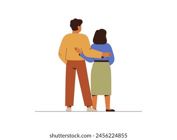 Pareja joven abrazándose desde la vista trasera. Hombre y mujer asiáticos abrazándose y mirando hacia adelante. Personas en el amor, dos amigos, concepto de relación familiar. Ilustración vectorial