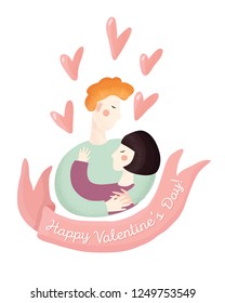 Young couple hugging. A boy with red curly hair and girl with short bob haircut. Cute cartoon characters in colorful clothing. Vector illustration for Valentine's day with hearts, ribbon and greeting.