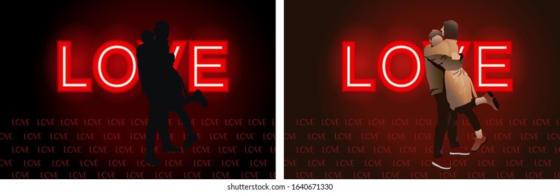 Young couple hugging each other with red love neon sign on background. Vector
