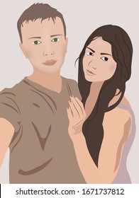 Young couple hugging each other and taking a selfie. Vector