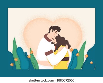 Pareja Joven Abrazándose Con Floral Sobre Efecto Ruido El Corazón De Fondo Blanco Y Azul.